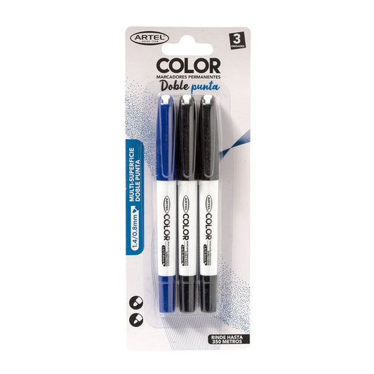 Marcadores Doble Punta 3 Un (2 Negros + 1 Azul)