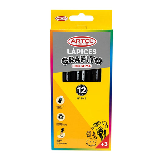 Estuche 12 Lápices Grafito HB Con Goma Artel