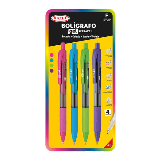 PACK BOLIGRAFO GEL RETRACTIL X4 ARTEL PUNTA FINA 0.7 mm